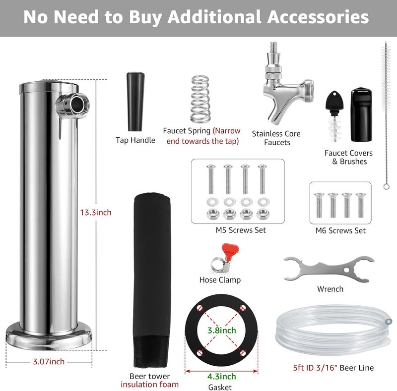 WELLBOM Single Beer Tap Tower, Draft Keg Tap Tower Brass Core Self-Closing Faucet Stainless Kegerator Tower Brewing Tower Kit with Kegerator Lines Parts - Image 2